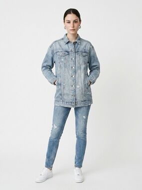 American Eagle Light Wash Distressed Long Denim Jacket